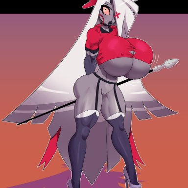 hazbin hotel, vaggie (hazbin hotel), annon, bimbo, bimbofication, grey body, hourglass figure, huge breasts, one eye visible, spear, weapon, white hair