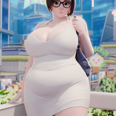 overwatch, mei (overwatch), fugtrup, asian, asian female, brown eyes, brown hair, cleavage, clothed, female, fully clothed, glasses, hair ornament, large breasts, looking at viewer