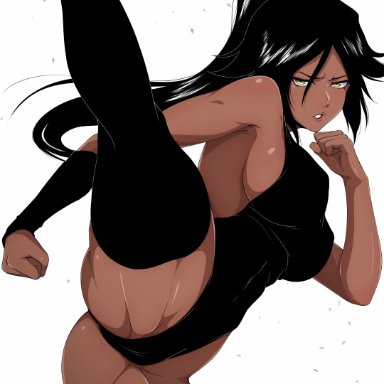 bleach, shihouin yoruichi, nishizuki shino, black hair, black leotard, black thighhighs, breasts, clenched hands, dark skin, dark-skinned female, female, groin, hair between eyes, hair ribbon, high kick