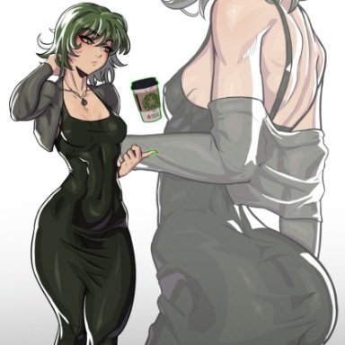 one-punch man, tatsumaki, stopu, 1girls, big ass, big butt, child bearing hips, clothed, coffee, coffee mug, curves, curvy, dongtan dress, drinks, fat ass