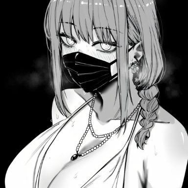 chainsaw man, shounen jump, makima (chainsaw man), masoq095, 1girls, bare shoulders, big breasts, blush, blushing, braid, braided hair, breath, busty, clevage, dress