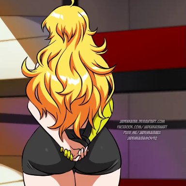 rwby, yang xiao long, jadenkaiba, 1girls, ass, big ass, big breasts, big butt, blonde female, blonde hair, breasts, butt, cleavage, fat ass, hips