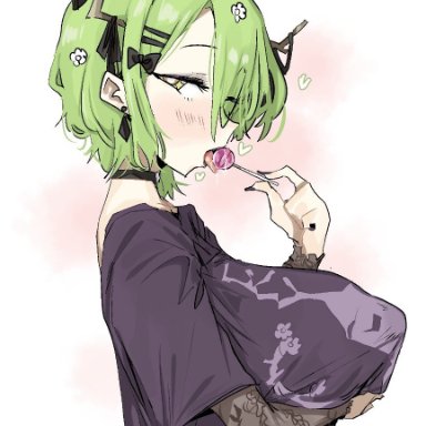 hololive, hololive english, hololive english -council-, hololive english -promise-, ceres fauna, ceres fauna (goth costume), leebongchun, 1girls, antlers, apple green hair, arm under breast, arm under breasts, baggy clothing, baggy shirt, bangs