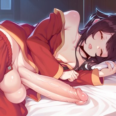 megumin, rubyred (artist), bed, big balls, big penis, big thighs, cum, flaccid, flat chest, flat chested futanari, foreskin, futa focus, futa only, futanari, huge balls