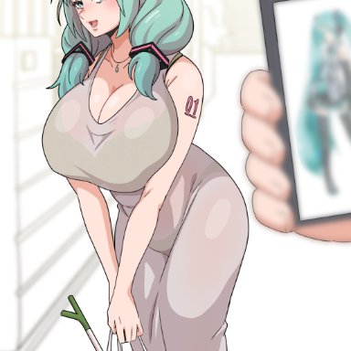 vocaloid, hatsune miku, masinmaro, 1girls, aged up, big breasts, blue eyes, blue hair, breasts, cleavage, clothed female, holding phone, huge breasts, leek, light-skinned female