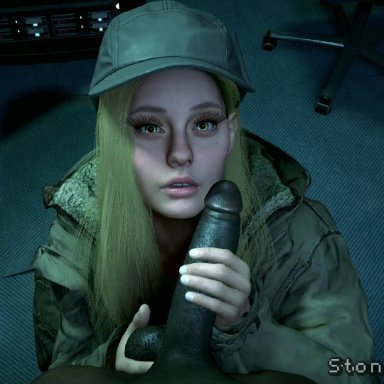 resident evil, resident evil 8: village, rosemary winters, stoneddude, 1boy, 1girls, black penis, blonde hair, blowjob, blowjob face, dark-skinned male, interracial, light skin, light-skinned female, rose winters