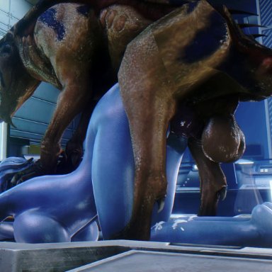 mass effect, asari, liara t'soni, varren, noname55, ass up, balls, bestiality, big balls, bouncing balls, breasts, cum, cum in pussy, cum inside, cum on body