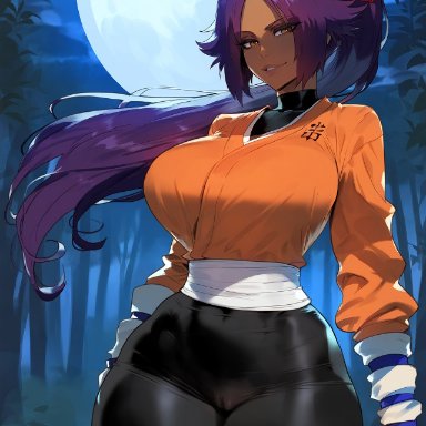 bleach, shihouin yoruichi, floox, 1girls, breasts, dark skin, dark-skinned female, female, hips, huge breasts, long hair, purple hair, thick thighs, thighs, wide hips