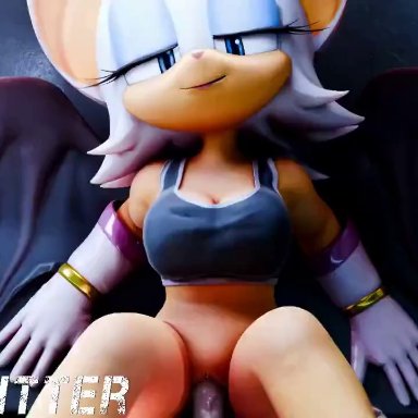 sonic (series), rouge the bat, wigfritter, 1boy, 1girls, bat girl, blue eyes, bottomless, bouncing breasts, bra, cleavage, looking at viewer, lying, medium breasts, missionary