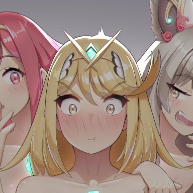 nintendo, xenoblade (series), xenoblade chronicles 2, blade (xenoblade), mythra, nia, nia (blade), pyra, zambonito, 3girls, bare shoulders, blush, blushing at viewer, catgirl, cock shock