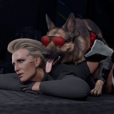 cyberpunk (series), cyberpunk 2077, dogmeat, meredith stout, regina3d, 1girls, bestiality, blonde hair, canine on human, dog, doggy style, sunglasses, tongue out, zoophilia, 3d