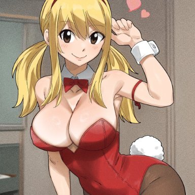 fairy tail, lucy heartfilia, gaston18, 1girls, animal costume, armpits, bare shoulders, blonde hair, blush, breasts, cleavage, collarbone, female, heart, indoors