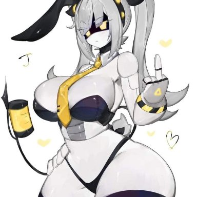 glitch productions, murder drones, j (murder drones), togetoge, 1girl, big breasts, big legs, black panties, breasts, bunny ears, bunny girl, bunny tail, bunnysuit, female, female focus