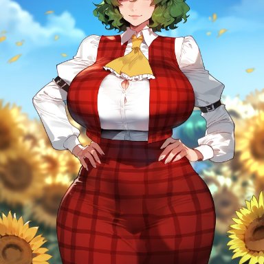 touhou, yuuka kazami, floox, 1girls, alternate breast size, breasts, female, female only, green hair, hips, huge breasts, light skin, light-skinned female, red eyes, short hair