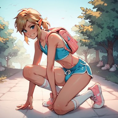 the legend of zelda, link, mt8, backpack, blonde hair, crop top, cute, femboy, feminine male, girly, low ponytail, male, male focus, male only, midriff