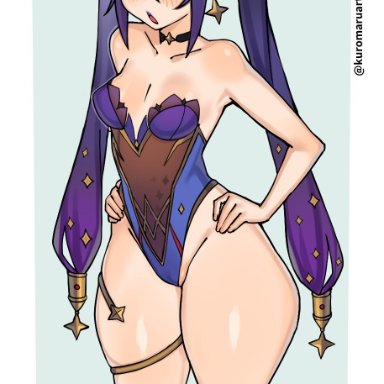 genshin impact, mona (genshin impact), kuromaruart, 1girls, breasts, cleavage, female, female only, looking at viewer, small breasts, solo, thighs, twintails, wide hips