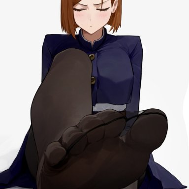 jujutsu kaisen, kugisaki nobara, ashida vinci, timruya, 1girls, black legwear, blush, brown hair, embarrassed, embarrassed female, feet, feet fetish, foot fetish, imminent footjob, legwear