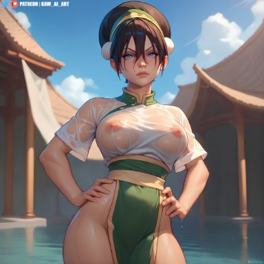 avatar the last airbender, toph bei fong, kawaiart, 1girls, black hair, breasts, female, see-through clothing, solo female, solo focus, wet clothes, ai generated