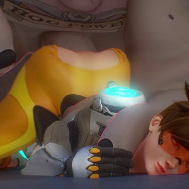 blizzard entertainment, overwatch, overwatch 2, roadhog, tracer, trisbli, anal, big penis, black nails, brown hair, clothed female nude male, clothed sex, doggy style, fat, fat belly
