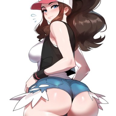 nintendo, pokemon, pokemon bw, hilda (pokemon), mistarman, ass, blue eyes, booty shorts, breasts, brown hair, fat ass, female, from behind, hat, light-skinned female