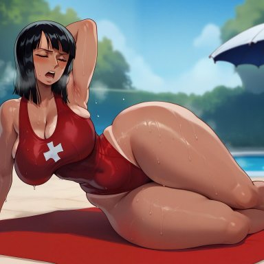 one piece, nico robin, azure (artist), female, female only, huge ass, large breasts, lifeguard, one-piece swimsuit, outdoors, pool, solo, tan, thick thighs, wide hips