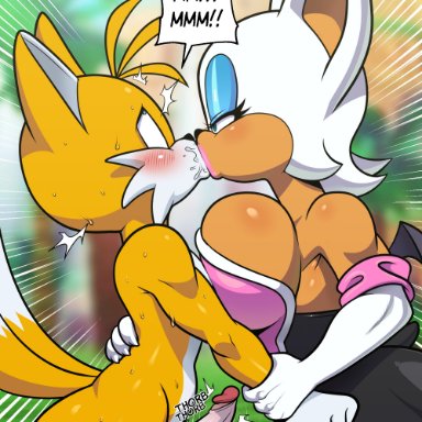 sega, sonic the hedgehog (series), rouge the bat, tails, lollipopcon, anthro, anthro on anthro, balls, bat, big breasts, blush, breasts, canid, canine, duo