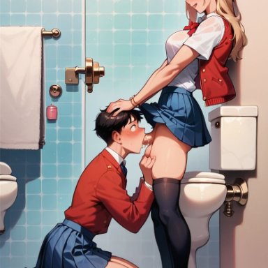 spodvohomg, blonde hair, blowjob, futa on male, futanari, head grab, school uniform, schoolgirl, skirt, toilet, ai generated, stable diffusion