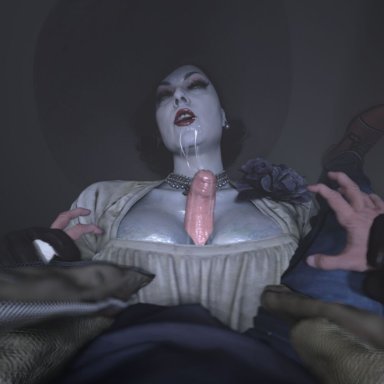 resident evil, resident evil 8: village, alcina dimitrescu, lava (artist), clothed female, female focus, femdom, huge breasts, larger female, penis, penis between breasts, pov, pov paizuri, 3d, 3d (artwork)