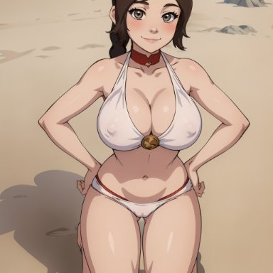 avatar, avatar the last airbender, ty lee, aindroidparanoid, beach, big breasts, bikini, blush, brown hair, cameltoe, covered nipples, curvy, gray eyes, hands on hips, huge breasts