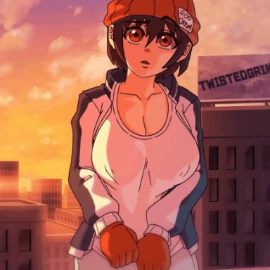 undead unluck, fuuko izumo, twistedgrim, 1girls, beanie, bouncing breasts, breasts, cleavage, hat, large breasts, outdoors, solo, animated, shorter than 10 seconds, shorter than 30 seconds