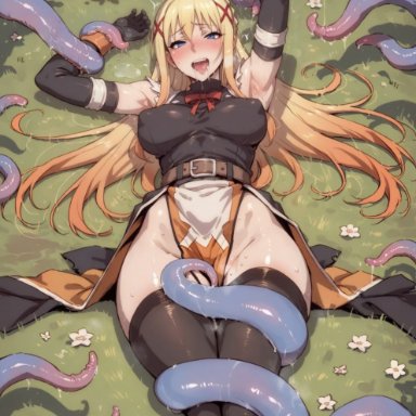 darkness (konosuba), a1exwell, 1girls, blush, in heat, naughty face, tentacle, tentacles around arms, tentacles around legs, ai generated, stable diffusion