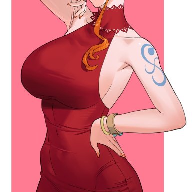 one piece, nami, nami (one piece), uukkaa, 1girls, bracelet, brown eyes, busty, curvy, dress, earrings, female, female only, glasses, hair bun