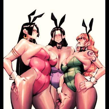 one piece, boa hancock, nami, nico robin, aroodnoodle, noodlenood, big ass, big breasts, black hair, bunny ears, bunnysuit, female, female only, orange hair, thick