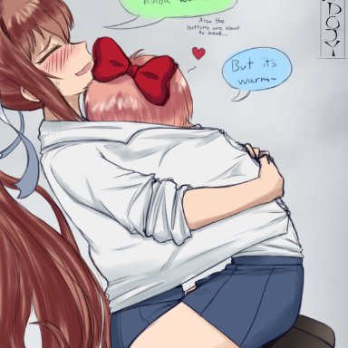 doki doki literature club, samdoja , 2girls, blush, bow, hugging, pink hair, ponytail, sharing clothes, wholesome, yuri, dialogue, text