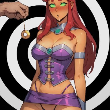 dc, teen titans, starfire, 1boy, 1girls, breasts, cleavage, drooling, eyes rolling back, female, green eyes, hypnosis, lingerie, mind control, miniskirt