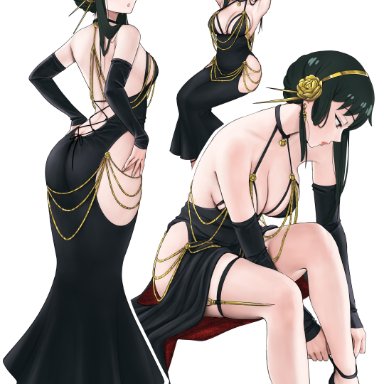 spy x family, yor briar, yor forger, dismaiden, 1girls, adjusting shoe, ass, back view, black dress, black hair, busty, chains, cleavage, curvy, gold (metal)