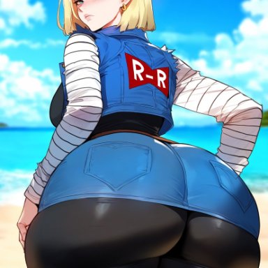 dragon ball, android 18, artist request, 1girls, blonde, blonde hair, blonde hair female, blue eyes, blue eyes female, cameltoe, cleavage, curvy, erect nipples, female, huge areolae