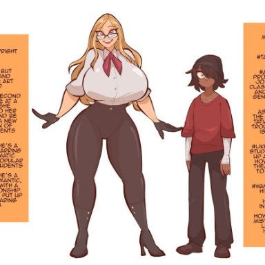 max gilman (saucymojo), tatiana arkwright (saucymojo), saucymojo, 1boy, 1girl, age difference, age stated, beanie, big breasts, bigger female, blonde hair, brown hair, brown pants, dark-skinned male, female