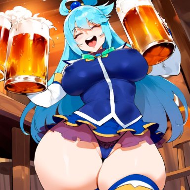 aqua (konosuba), alcohol, beer, beer mug, blue hair, blush, bow, breasts, closed eyes, covered nipples, cup, drunk, female, foam, happy