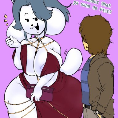 undertale, frisk (undertale), temmie (undertale), fakeryway, pleasure castle, anthro, before sex, date, dress, dress up, furry, gray hair, human male, large breasts, purse