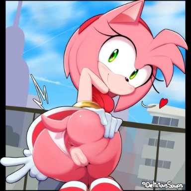 sega, sonic the hedgehog (series), amy rose, delicioussoup, accessory, anthro, anus, ass, bent over, big eyes, boots, bracelet, clothing, clothing aside, dress