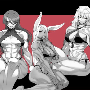 my hero academia, star: strike it rich, fuma kotaro (tenkaichi), miruko, rumi usagiyama, sena riko, ratatatat74, 3girls, abs, armpits, arms behind head, arms up, arms up pose, biceps, bikini