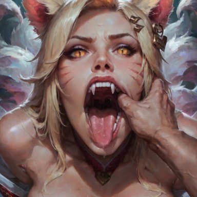 league of legends, ahri, tails, philon, 1boy, 1girls, animal ears, bare shoulders, blonde hair, breasts, cleavage, detached sleeves, facial mark, fangs, finger in another's mouth