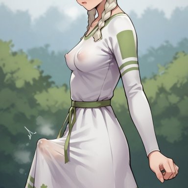 1futa, blush, embarrassed, erection, erection under clothes, erection under dress, futa only, futanari, green eyes, looking down, medium breasts, nature, nipple bulge, nipples, nipples visible through clothing