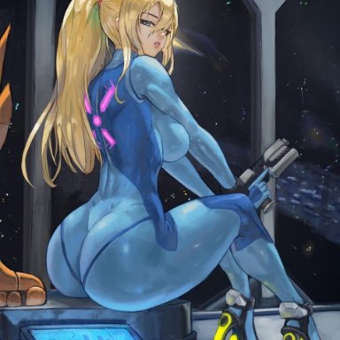 metroid, samus aran, howxen, 1girls, ass, ass focus, big ass, big butt, blonde hair, blue eyes, clothed, clothing, disgusted, female focus, female only