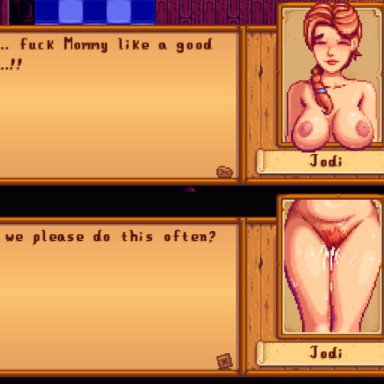 stardew valley, jodi (stardew valley), blush, breasts, female, light-skinned female, milf, mother, naked female, pubic hair, pussy, red hair, sweating, thighs, pixel art