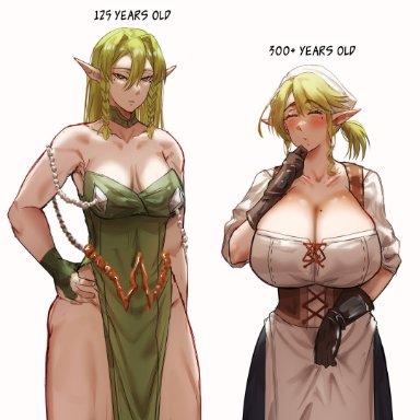 lilillyiel, globining, 2girls, age difference, big breasts, blonde hair, breast size difference, clothed, elf, hannaniel, muscular female