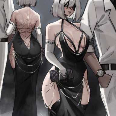 nier: automata, yorha 2b, aelion draws, 1boy, 1girls, back, bare back, blindfold, breasts, cleavage, dark-skinned male, dress, female, female focus, large breasts