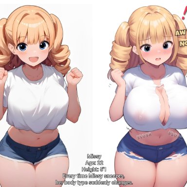 missy, original character, alternate body type, alternate breast size, areola, before and after, big nipples, blonde hair, blue eyes, blush, breast expansion, bursting breasts, busty, busty female, cleavage