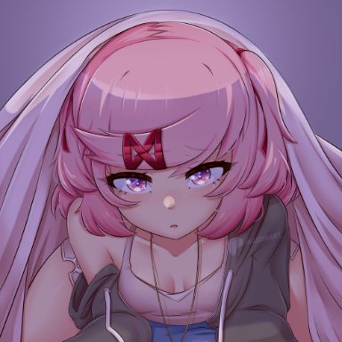 doki doki literature club, raionart, 1girls, bed, cute, heart-shaped pupils, hoodie, laying on stomach, looking at viewer, petite, pink hair, pov, under blanket, wholesome, highres